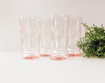 Vintage Pink Depression Glass Tumblers, Etched Floral Design, Set of 4