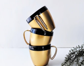 Vintage West Bend Thermo-Serv Mugs, Gold Black Atomic Design, MCM Partyware