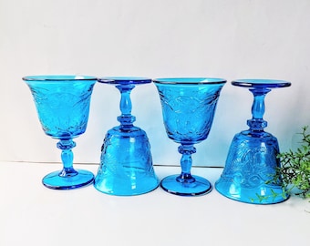 4 Vintage L. E. Smith Glass American Eagle Goblets/ Americana Colonial Blue Footed Glasses/ 1970s MCM Kitchen/ Bicentennial Patriotic