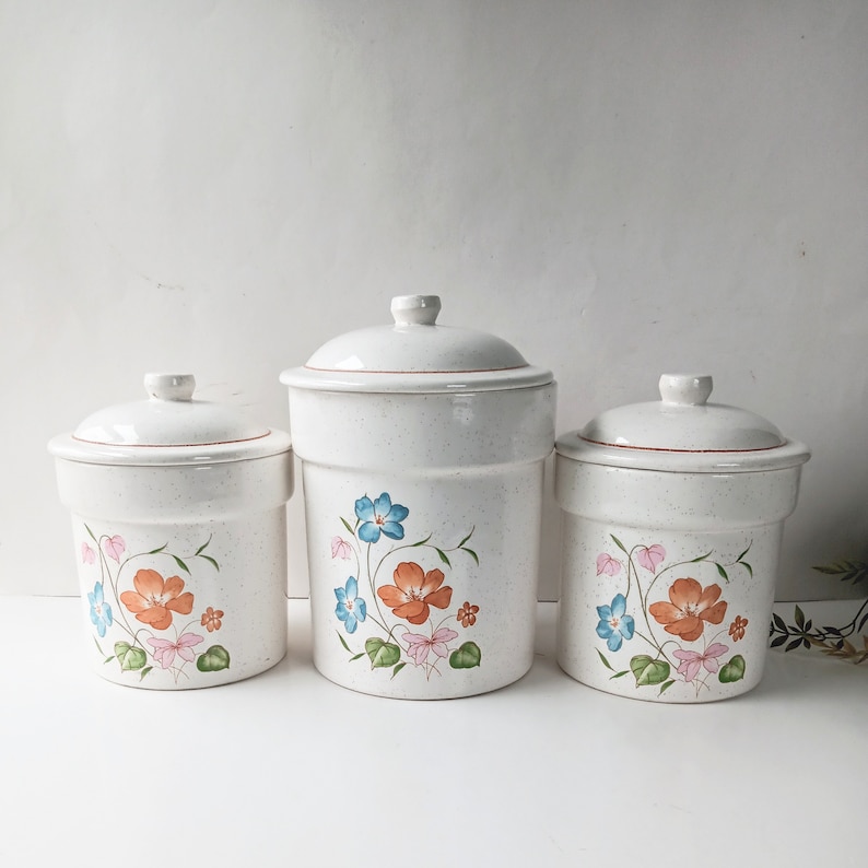 Vintage Ceramic Treasure Craft Canister Set with Lids/ Floral Wildflower Poppies/ Cookie Jar Utensil Crock/ Country Cottage Farmhouse /1980s