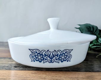 Vintage Federal Milk Glass Casserole Dish with Lid, Blue Tulip Scroll Pattern