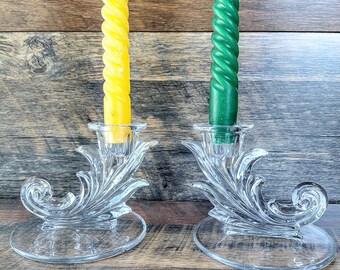 2 Fostoria Baroque Clear Glass Candlestick Holders// Christmas Winter Decor/ Mid Century/Gift