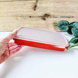 May include: A rectangular storage container with a bright red base and a translucent, semi-opaque lid. The container features a flat, low-profile design with rounded corners and a small circular logo embossed in the center of the lid surface.
