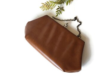 Vintage Brown Faux Leather Clutch: Mid Century Evening Bag with Gold Chain