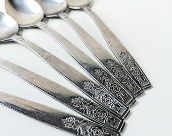 Vintage Young Rose Teaspoons: Imperial International Stainless Flatware, Japan, Set of 6
