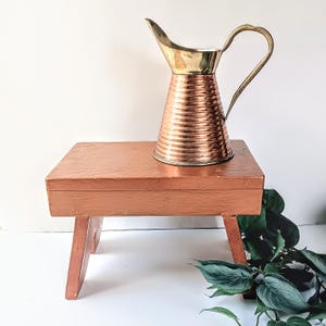 May include: A copper and brass pitcher with a ribbed body and a curved handle sits on a small, copper-colored wooden table. The pitcher has a brass top and a spout. The table is supported by four legs. Green leaves are in the background.
