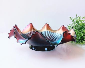 Antique Northwood Purple Carnival Glass Bowl: 1910s Iridescent Ruffled Rim