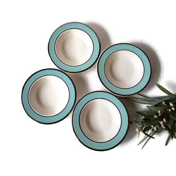 4 Vintage China Berry Dessert Bowls with Aqua Seafoam Band and Silver Rim/ 1950s Mid Century Kitchen/ Mix and Match