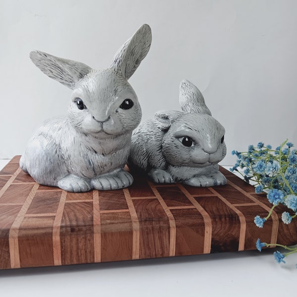 2 Vintage Ceramic Gray /Bunnies Rabbits Figurine/ Hand Painted Hobbyist/ 1980s/ Easter, Spring, Summer Decor/ Grandma Core, Country Cottage