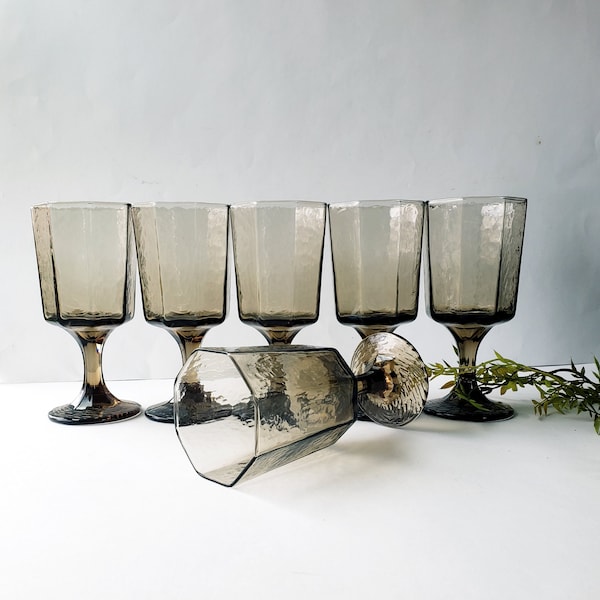 6 Vintage Libbey Tawny Smoke Brown Goblets/Facets/ 1980s Glassware/Water Wine Stemware/Bohemian, Boho, Scandi Kitchen/ Wedding Shower