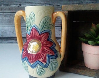 Vintage Majolica Ceramic Vase: Hand-Painted Floral Double Handle Urn
