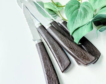 Vintage Quikut Steak Knives Set: Faux Wood Grain Handles, USA