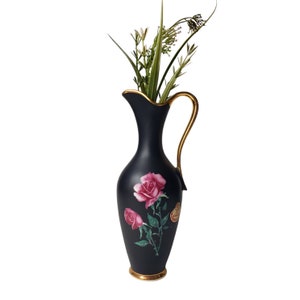 ECHT Gold Qualitatserzeugnis/ Vintage Porcelain Black Matte Floral Pitcher Vase/ 24K Gold Accents/Possibly Waldershof Bavaria