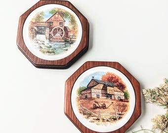 Vintage Ceramic Tile Trivet: Farm Water Wheel Scene, Country Cottage Decor