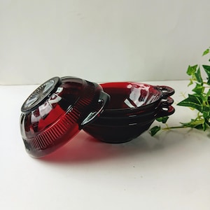 4 Vintage Anchor Hocking Ruby Red Coronation Dessert Berry Bowl with Handles/ Red Glass/ Mid Century Art Deco/ Mix and Match/ Trinket Dish