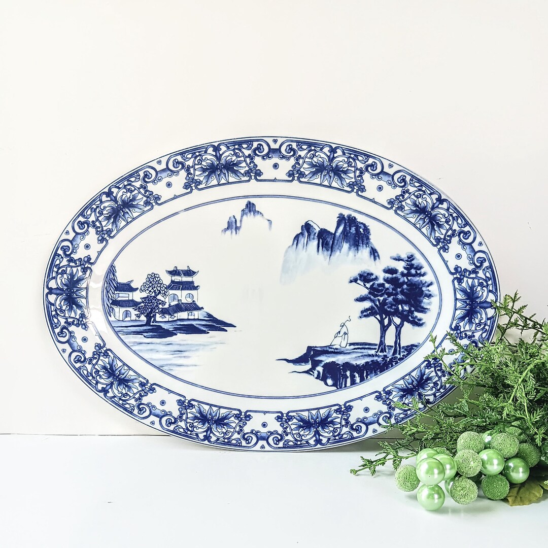 Vintage Canton Blue Porcelain Serving Platter: Oriental Pagoda Decor ...
