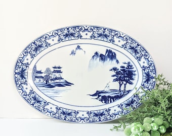 Vintage Canton Blue Porcelain Serving Platter: Oriental Pagoda Decor (14x9.5 in