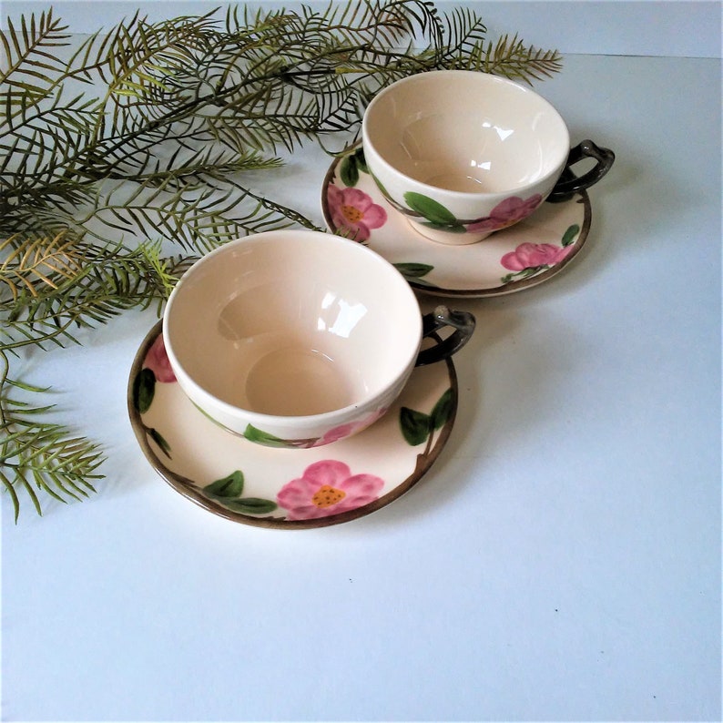 2 Fransican Desert Rose Cup and Saucer SetsJohnson Bros Vintage China 1995 Made in England Hand Painted Floral Country Cottage Kitchen