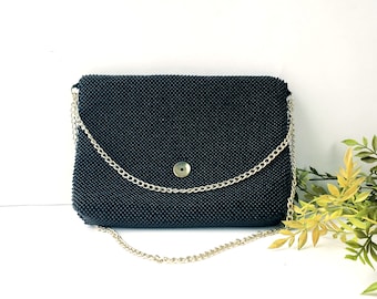Vintage Black Beaded Purse: Mid Century Evening Bag with Chain Strap