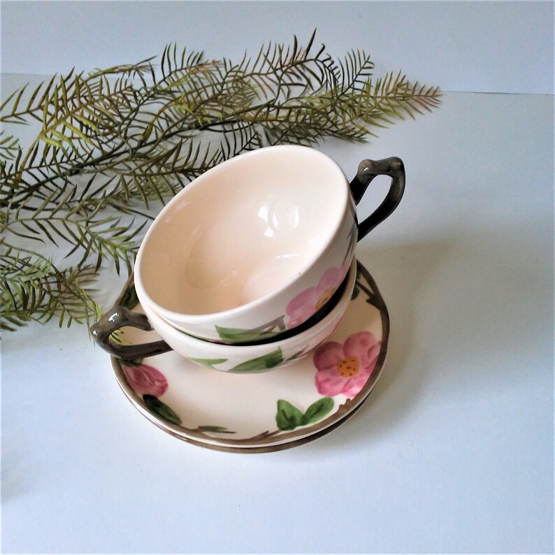 2 Fransican Desert Rose Cup and Saucer SetsJohnson Bros Vintage China 1995 Made in England Hand Painted Floral Country Cottage Kitchen