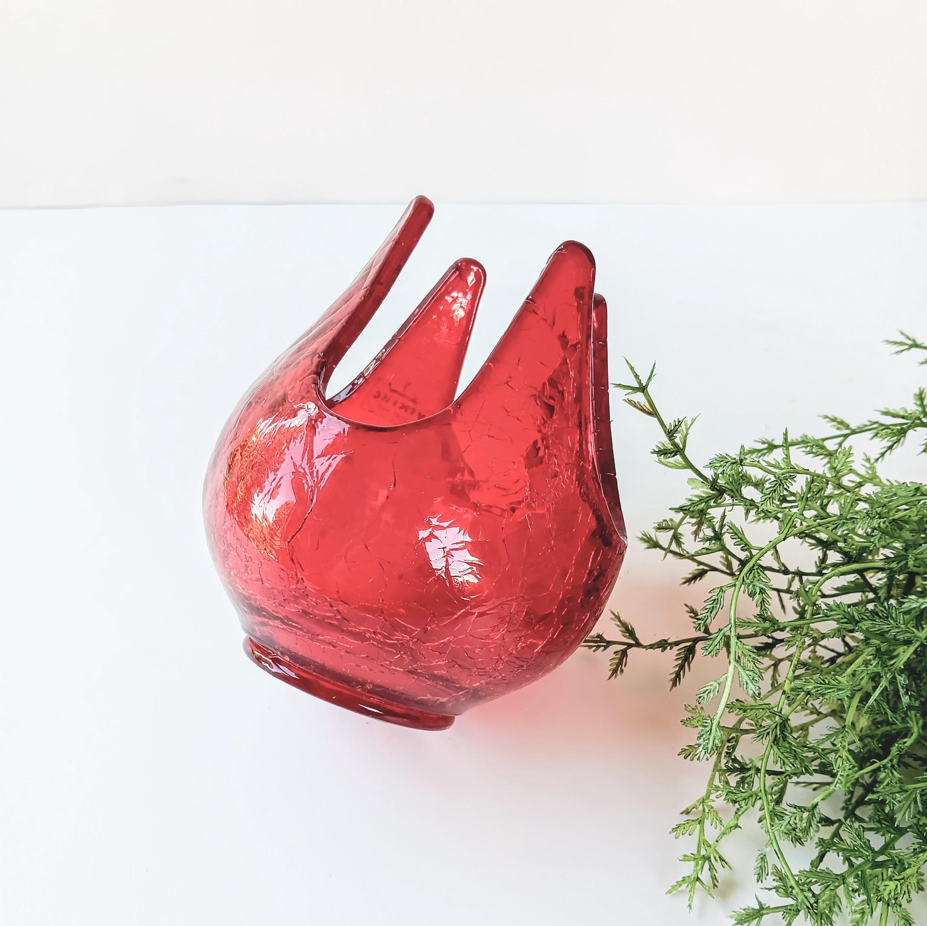 Vintage Red Viking Glass Co Crackle Glass 4 Finger Votive