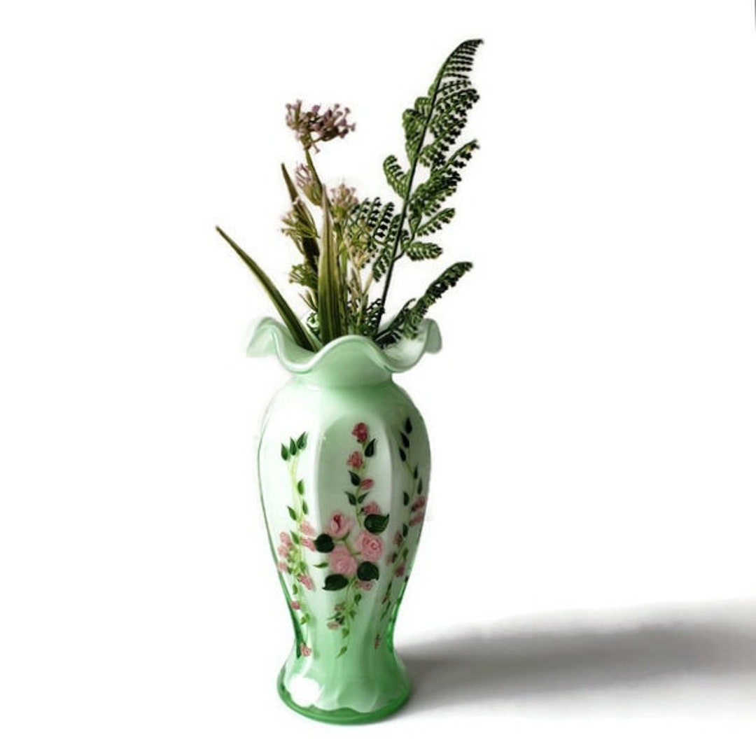 Vintage Fenton Encased Green Glass Vase/ Hand Painted Roses/ Ruffled