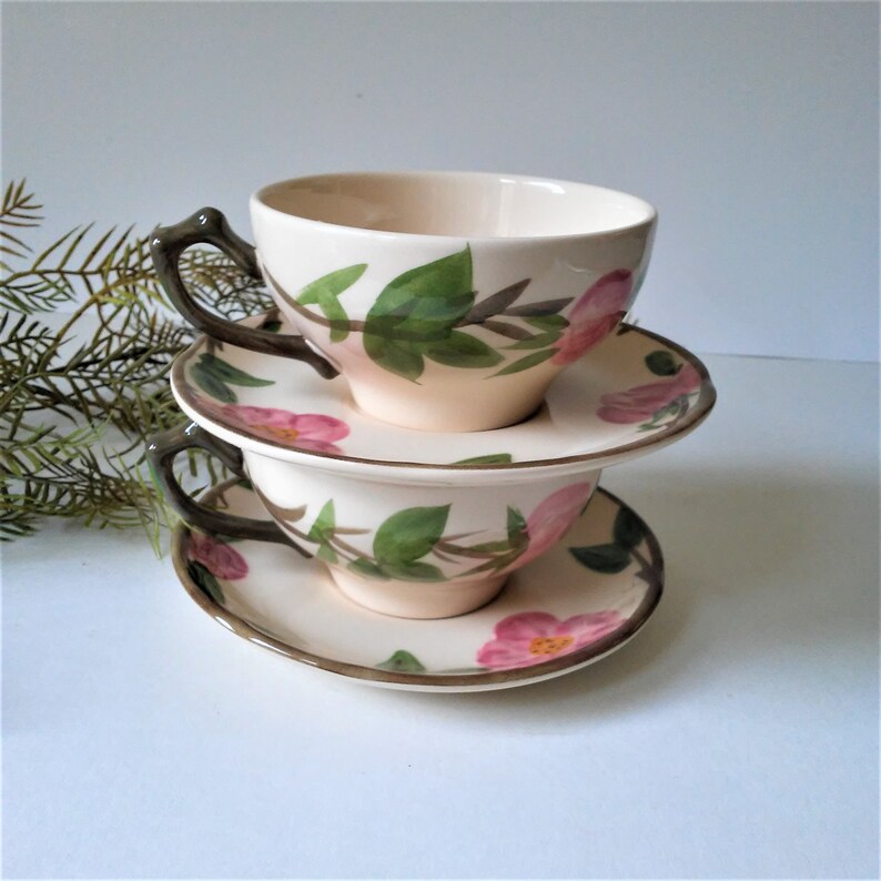 2 Fransican Desert Rose Cup and Saucer SetsJohnson Bros Vintage China 1995 Made in England Hand Painted Floral Country Cottage Kitchen