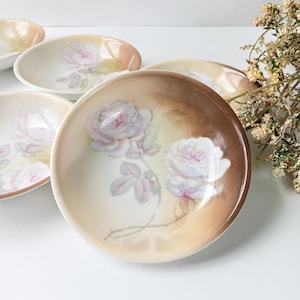 May include: A set of antique porcelain dishes with a hand-painted rose motif. The plates feature a cream-colored base with a brown rim and a delicate floral design in shades of pink and white. The set includes several plates of varying sizes.