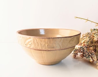 Vintage Salt Glaze Pottery Mixing Bowl: Yellow Beige Stoneware, Textured Rim