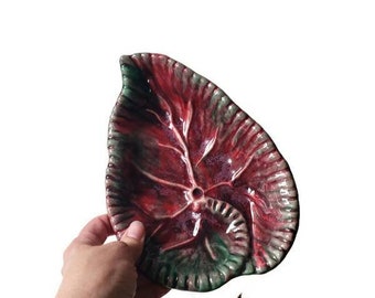 Vintage Majolica Style Ceramic Pottery Leaf Footed Trinket Dish, Snack Plate/ Cranberry and Green Drip Glaze/ Mid Century/Unmarked/Christmas