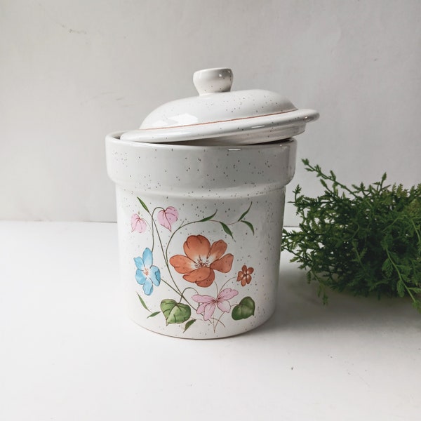 Vintage Ceramic Treasure Craft Canister with Lid/ Floral Wildflower Poppies/ Cookie Jar Utensil Crock/ Country Cottage Core Farmhouse /1980s