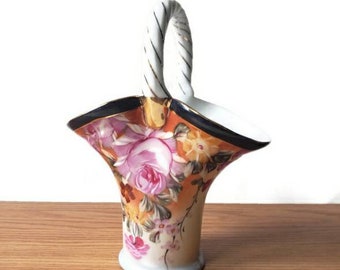 Vintage Floral Basket Vase: Formalities by Baum Brothers, French Cottage Decor