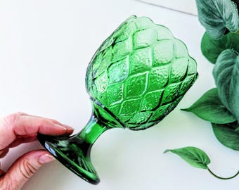 Vintage Emerald Green Glass Compote, Honeycomb Pattern, Scalloped Edge