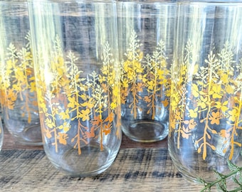 Vintage Durand Luminarc Tumblers / Yellow Orange Flower Design/ 1970s/ Autumn Fall Thanksgiving Table/ Boho Kitchen