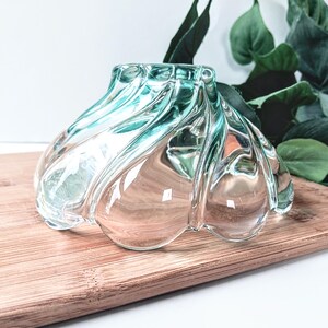 May include: A clear glass decorative bowl with a scalloped design. The bowl has a slight teal tint and sits on a wooden surface. Green leaves are visible in the background.