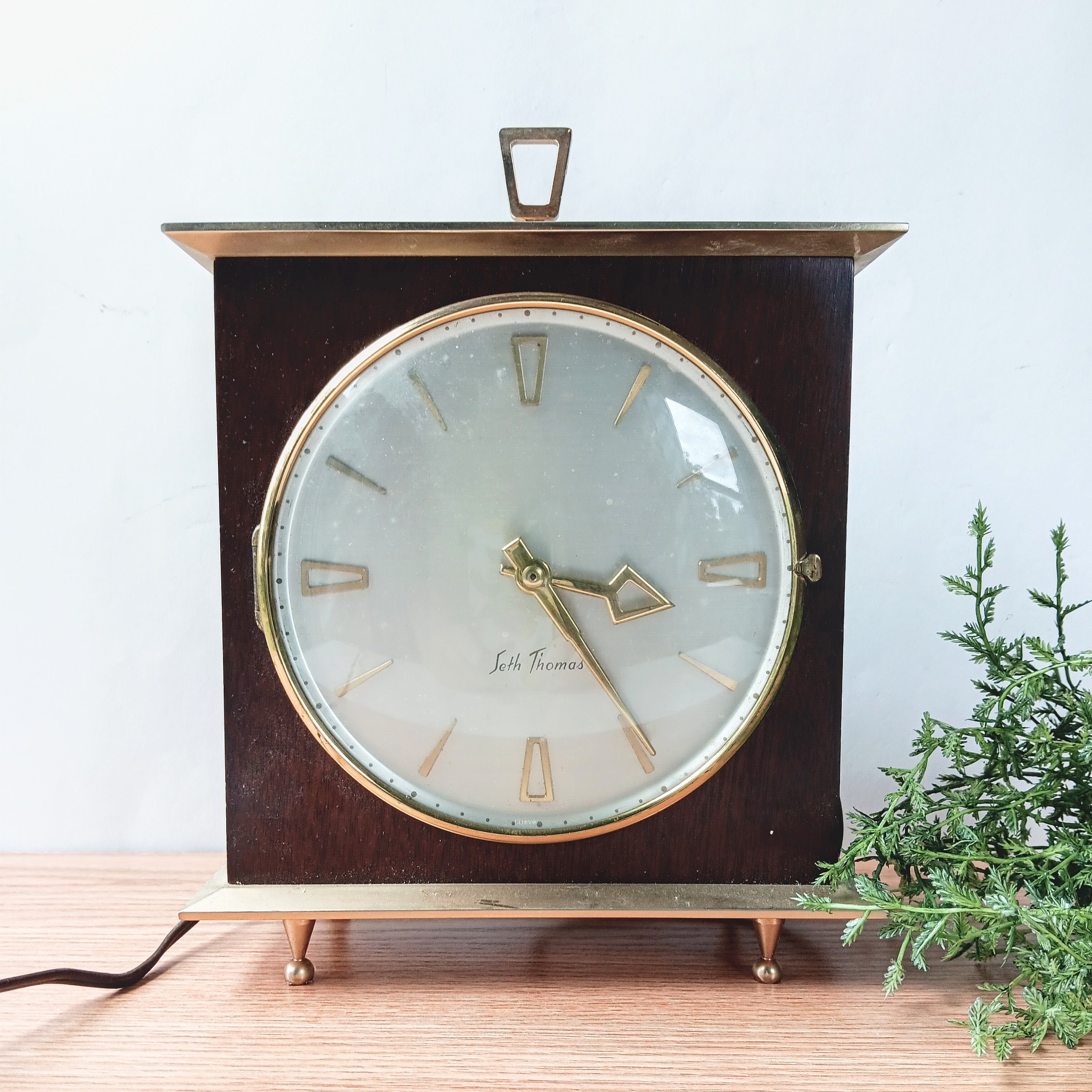 Mid Century Seth Thomas Electric Clock: Walnut & Brushed Brass