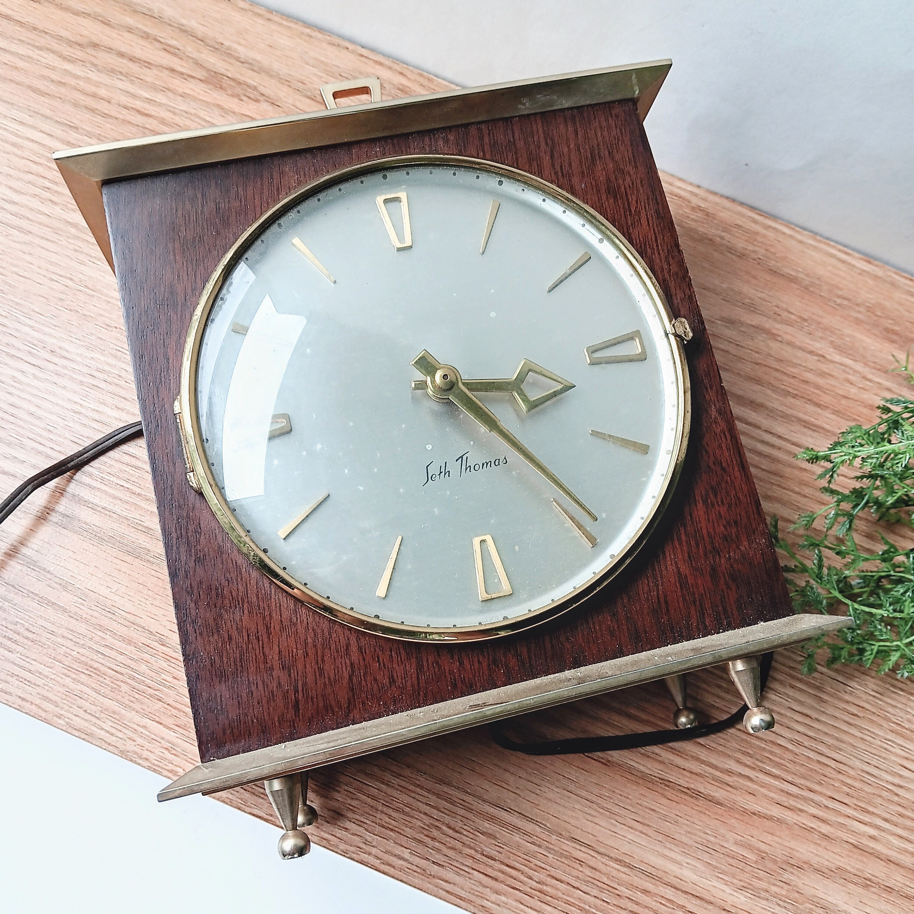 Mid Century Seth Thomas Electric Clock: Walnut & Brushed Brass