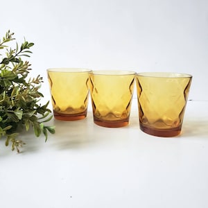 3 Vintage Hazel Atlas Amber Short Tumblers Cups/ Diamond Optic Amber Glasses/ 1960s MCM Mid Century, Bohemian Kitchen/ Mix and Match