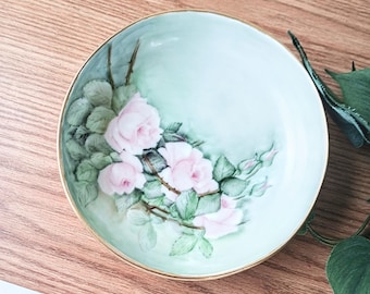Antique Limoges Footed Bowl: Hand-Painted Pink Roses, Gold Accents, Country Cottage Plate Wall