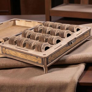 May include: A wooden game box with a hinged lid, containing numerous wooden tokens. Each token is engraved with a word. The box has a decorative wood grain design and is resting on a beige fabric surface.