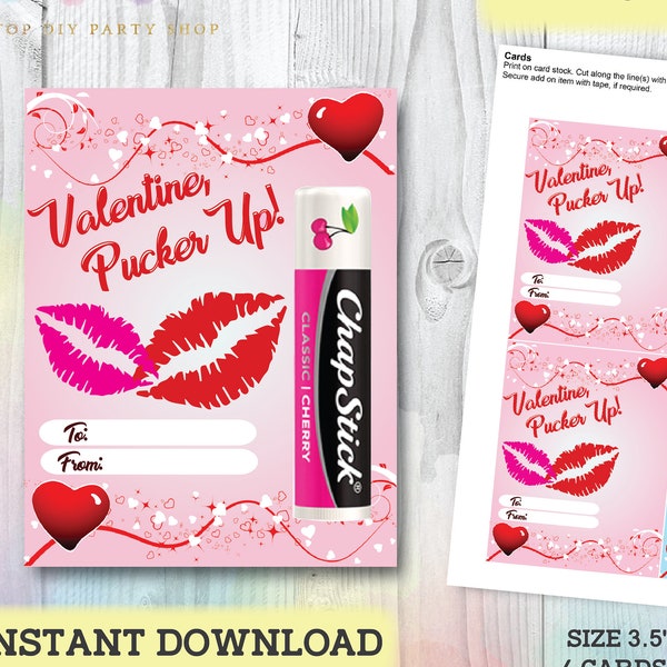 Chapstick Valentine, Lip Balm Valentine, Pucker Up Valentine, Girl Non Candy Valentine, Teacher Valentine Classroom Valentine Teen Valentine