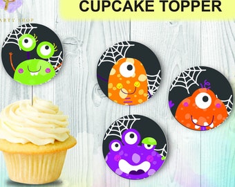 Halloween Monster Cupcake Toppers, Monster Topper Birthday Party Printables Décor, Monster Decorations, Instant Digital Download, Stickers