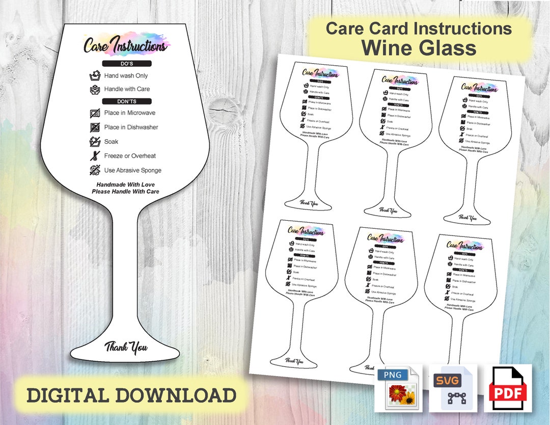 Wine Glass Instructions Care Card, Washing Care Instructions, Ready to ...