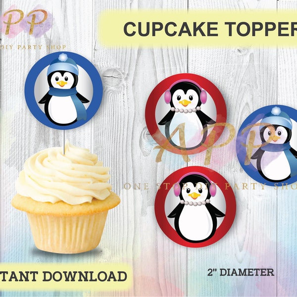 Christmas Boy Girl Penguin Cupcake Toppers, Topper, XMAS, Stickers, Party Printables, Décor Birthday Theme, Instant Digital Download DIY