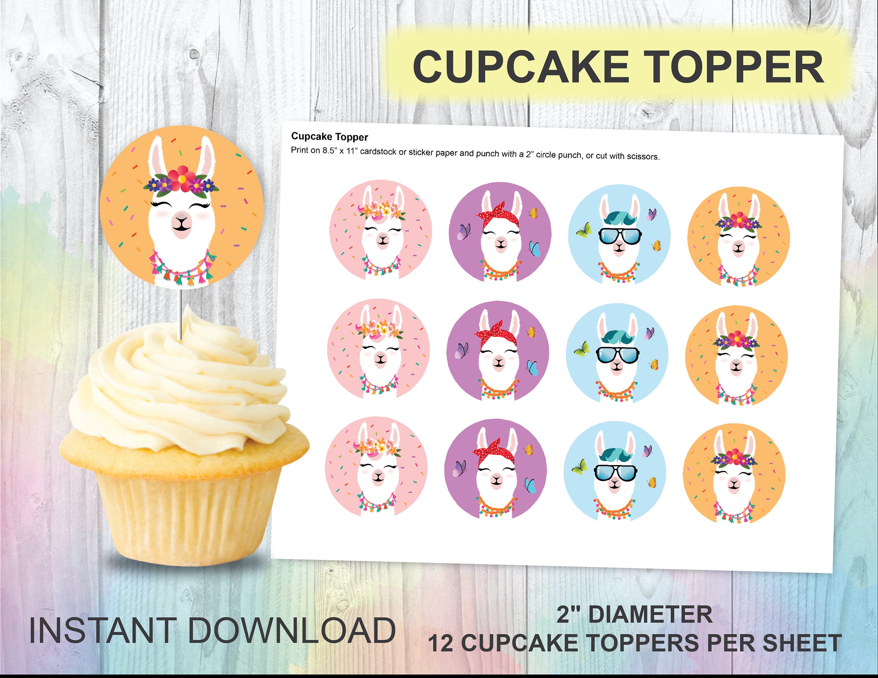 Llama Cupcake Toppers Fiesta Birthday Party Printables Llama | Etsy