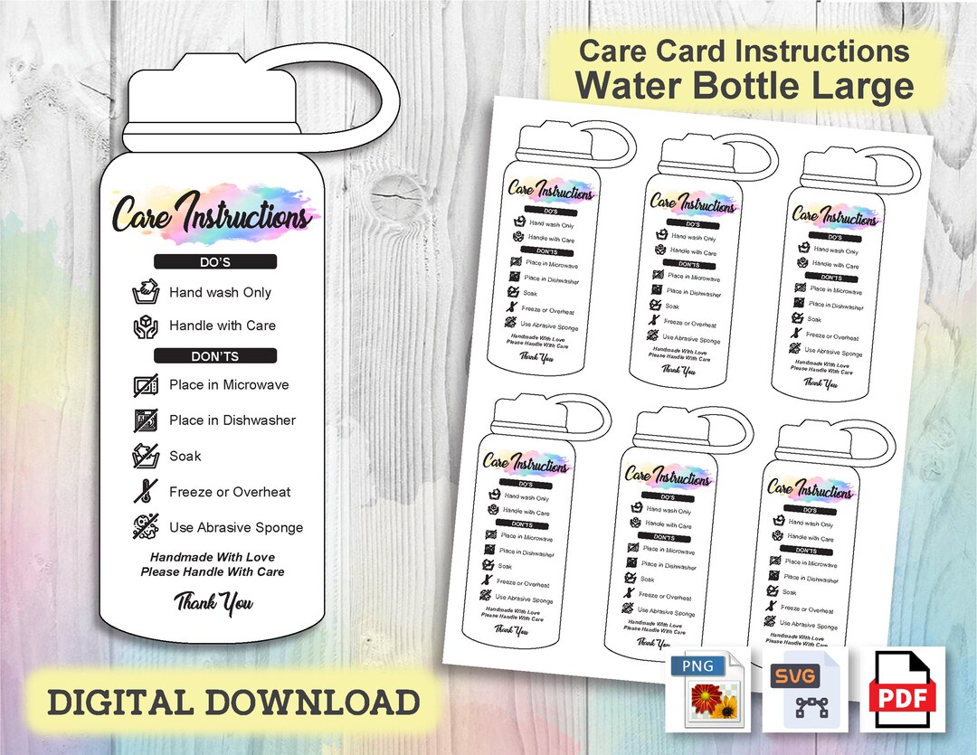 Water Bottle Large Instructions Care Card, Washing Care Instructions ...