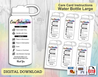 Water Bottle Large Instructions Care Card, Washing Care Instructions, Ready to Print, Printable Care Instruction Card, Insert Card PDF, Png