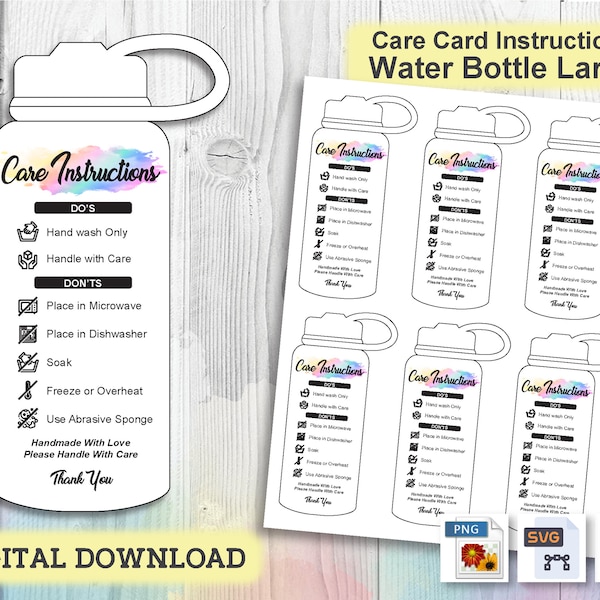 Water Bottle Large Instructions Care Card, Washing Care Instructions, Ready to Print, Printable Care Instruction Card, Insert Card PDF, Png