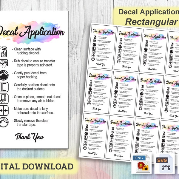 Rectangular Decal Application Instructions Card, How to Apply Decal Instructions, Printable Care Card, Ready to Print Insert Card PDF, PNG