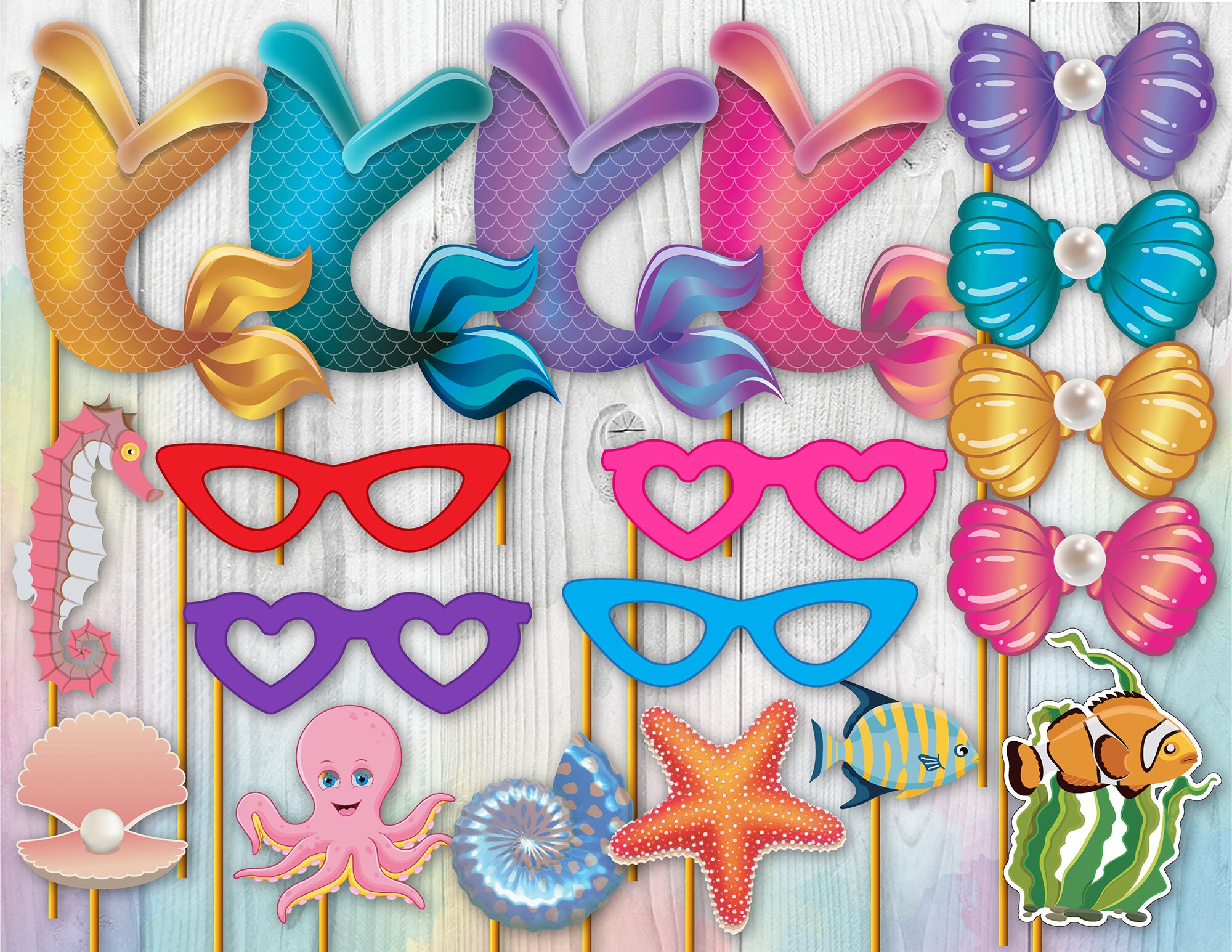 Mermaid Center Pieces Little Mermaid Party Photo Booth Props Mermaid Cut outs Birthday Party Printables Dcor Mermaid Party